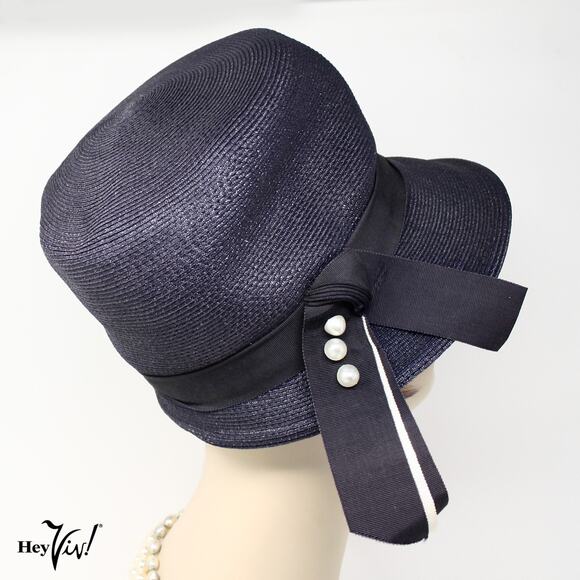 Vintage 50s Navy Cloche Hat White Button Trim Ribbon Bow Union Tag - Hey Viv - Picture 4 of 9